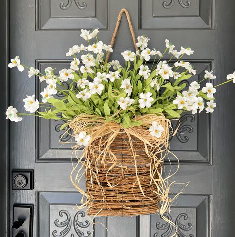 Hanger Basket, Cream Hydrangea, Spring Wreaths For Front Door, Front Door Baskets, Summer Front Porch Decor, Basket Wreath, Boho Wreath, Summer Front Porches, Door Wreaths Diy