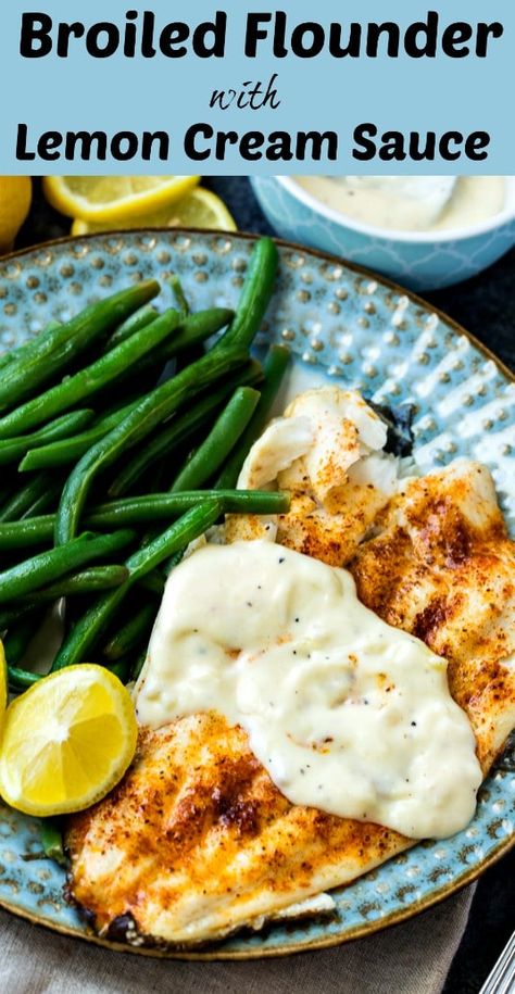 Broiled Flounder with Lemon Cream Sauce #dinner #seafood #quickrecipes via @FMSCLiving Broiled Flounder, Grilled Flounder, Flounder Fish Recipes, Southern Appetizers, Flounder Fillet, Flounder Recipes, Lemon Cream Sauce, Dinner Seafood, Lemon Cream Sauces