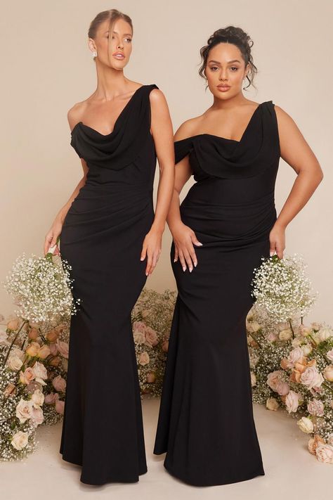 Black Asymmetric Cowl Neck Maxi Dress - Quiz Clothing Black Tie Bridesmaid Dresses, Black Tie Dress Code Women, Black Bridesmaid Dress Mismatched, Bridesmaid Dress Color Schemes, Bridesmaid Dresses Black, Black Tie Bridesmaids, Cowl Neck Maxi Dress, Wedding Party Outfits, Black Bridesmaids