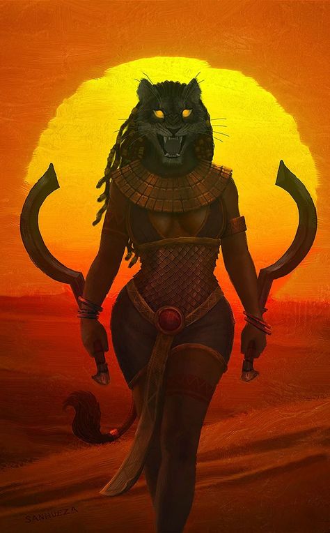 Sekhmet Goddess, Bastet Goddess, Egyptian Warrior, Fantasy Cards, Egyptian Goddess Art, Egyptian Cat Goddess, Ancient Egyptian Deities, Ancient Egypt Gods, Egyptian Deity