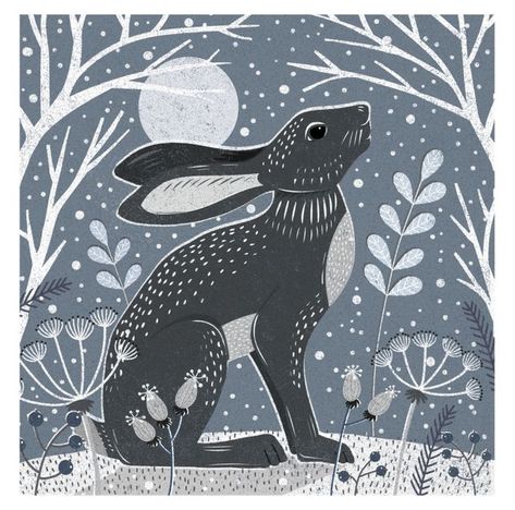 Linocut Rabbit, Moon Gazing Hare Tattoo, Black Rabbit Art, Rabbit Illustration Design, Hare Tattoo, Hare Illustration, Rabbit 2023, Hare Painting, Winter Moon