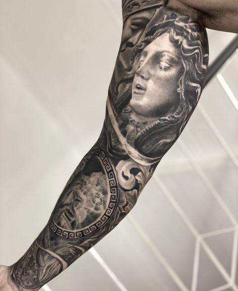 Medusa Inner Bicep Tattoo, Roman Greek Tattoos, Inner Bicep Tattoo Ideas, Bicep Tattoo Ideas, Bicep Tattoo Women, Bicep Tattoos, Inside Of Arm Tattoo, Bicep Tattoo Men, Inner Arm Tattoos