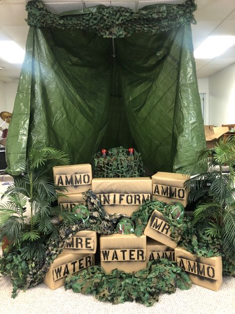 Army Vbs Decorations, Lords Army Trunk Or Treat, Boot Camp Party Ideas, Gods Army Trunk Or Treat, Boot Camp Birthday Party, Army Classroom Theme, Army Trunk Or Treat, Gods Army Sunday School Decor, Vbs Army Theme