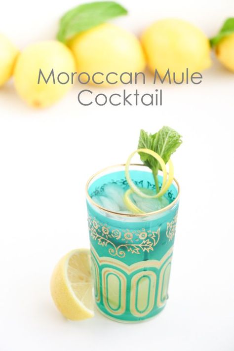 Get the recipe for this Moroccan Inspired Moscow Mule using Mint and Lemon for a peppery and herbacious flavor profile - Sponsored by World Market #worldmarkettribe #fallhomerefresh #sponsored Moroccan Cocktail Recipe, Moroccan Menu Ideas, Moroccan Inspired Cocktails, Moroccan Tea, Moroccan Mint Tea Aesthetic, Moroccan Theme Party, Moscow Mule Cocktail, Arabian Nights Party, Mint Cocktails