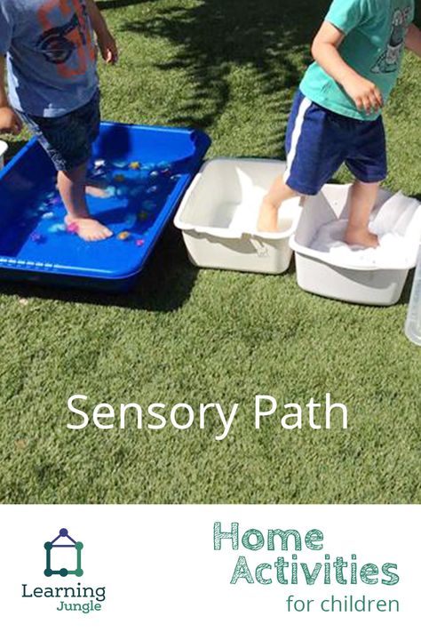 Walk the sensory path.  Take off your shoes and embark on a barefoot adventure. This activity allows your child to explore and process new textures and is also a great challenge for developing confidence. #toddler #preschool #homeactivities #outdoorfun #learningjunglehome Sensory Walking Path In School Outside, I Went Walking Book Activities Preschool, Sensory Walk Ideas, Sensory Sidewalk, Sensory Walking Path, Sensory Walking Path In School, Sensory Hands, Sensory Walk, Jungle Activities