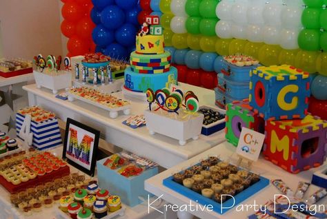 Colorful dessert table at an ABC's birthday party! See more party planning ideas at CatchMyParty.com! Abc Theme Birthday Party Ideas, Alphabet Party Decorations, Abc Party Decorations, Abc Birthday Theme, Alphabet Birthday Party Theme, Alphabet Party Ideas, Abc Theme Birthday Party, Abc Birthday Party Ideas, Abc 123 Birthday Party Ideas