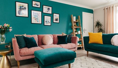 Teal and pink living room with gallery wall | My Bespoke Room Teal Walls Living Room, Teal Sofa Living Room, Teal Living Room, Teal Living Room Decor, Dark Green Living Room, Teal Accent Walls, Living Room Turquoise, Teal Living Rooms, Beautiful Room Ideas