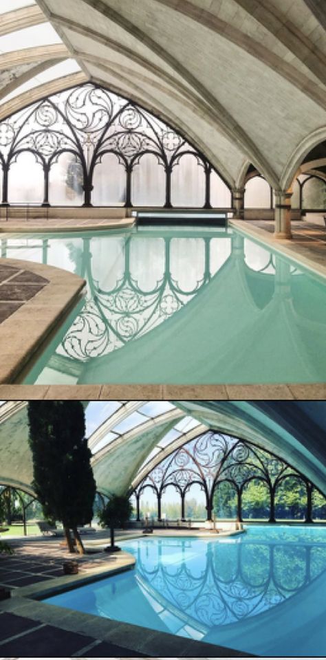 Organic Window Design, Gothic Pool, Solarpunk Art Nouveau, Gothic Swimming Pool, Art Nouveau Bathroom Window, Art Deco Pool, Art Nouveau Underwater, Art Nouveau House, Attic Window