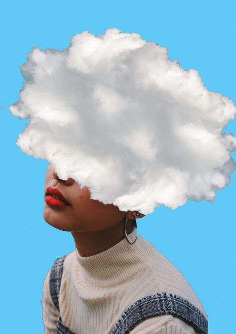 With the head in the clouds Head In The Clouds Illustration, Cloud Photoshoot, Meow Wolf, Wolf Costume, Cloud Illustration, Social Campaign, Face Illustration, Head In The Clouds, Festival Poster