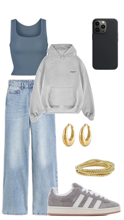 Grey adidas campus outfit inspo - comfy hoodie and skims tank outfit ideas - basic and cute outfit Adidas Campus Outfit, Gray Hoodie Outfit, Adidas Campus Shoes, Outfit Campus, Campus Outfit, Slay Outfits, Cold Weather Outfit, Back To School Outfit, Cute Modest Outfits