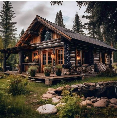 Log Cabin House, Cottage Tiny House, Hut House, Little Cabin In The Woods, Mountain Cabins, Farmhouse Exterior Design, Cabin Retreat, Log Cabin Rustic, Small Log Cabin