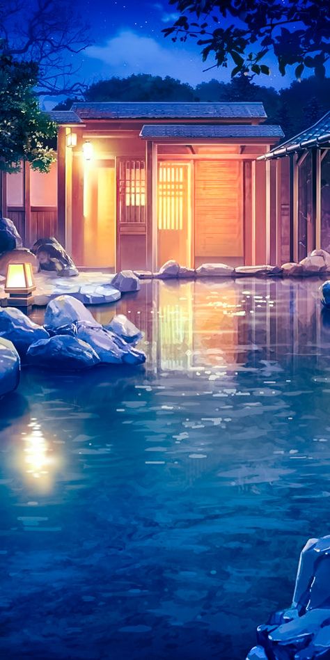 Japanese Hot Springs Anime, Hot Springs Drawing, Hot Spring Anime, Hot Springs Anime, Onsen Aesthetic, Pool Drawing, Waterfall Background, Background References, Japanese Hot Springs