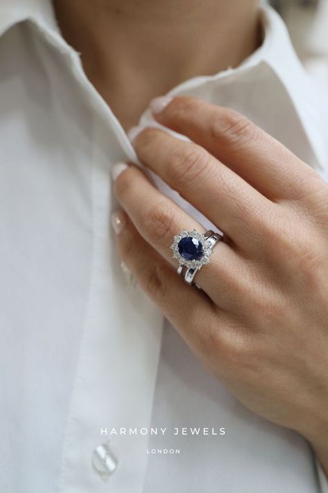 Check out this Oval Blue Sapphire in a Cluster Halo engagement ring Rings Engagement Oval, Blue Sapphire Rings Engagement, Oval Ring Band, Sapphire Rings Engagement, Blue Sapphire Engagement Ring, Blue Topaz Engagement Ring, Bespoke Engagement Ring, Topaz Engagement Ring, Sapphire Engagement Ring Blue