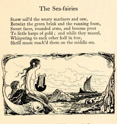 Books About Sirens, Fairytale Book Pages, Old Poetry Books, Old Fairytale Illustration, Random Book Pages, Old Literature, Pirates Aesthetic, Sea Fairies, Poetry Illustration