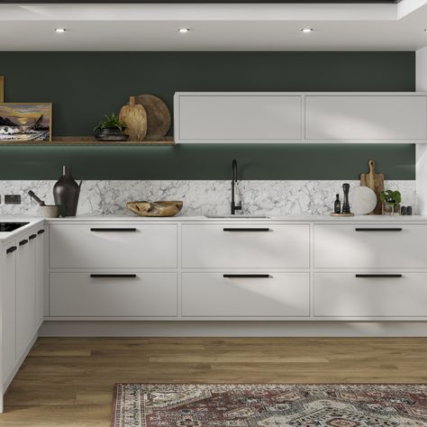 Howdens Hockley Super Matt, Howdens Hockley, Kitchen Wall Paint, Dove Grey Kitchen, Grey Gloss Kitchen, White Kitchen Units, Green Kitchen Walls, Black Kitchen Handles, White Kitchen Cupboards