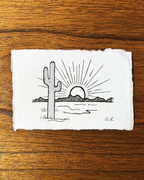 Original pen and ink drawing of a Saguaro cactus in a desert mountain landscape. Original ink drawing by artist Alexandra Leclerc. Perfect for lovers of Southwestern style, this elegant ink drawing is 4" x 6" and drawn on white cotton deckle edge paper. *Does not include frame, only shown as an example. Free shipping. All prints are shipped with a tracking number, and delivered via USPS. Shipping time is between 7 - 10 days in the United States. Important: We are not responsible for any damage o Easy Cactus Drawing, Ink And Pen Drawing, Cute Landscape Drawing, Cactus Sketch, Easy Western Drawing Ideas, Western Simple Drawings, How To Draw A Cactus, Simple Western Painting Ideas, Arizona Desert Tattoo