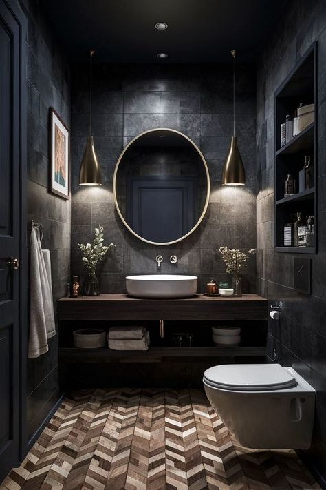 Dark Colored Powder Rooms, Dark Modern Design, Modern Industrial Decor Bathroom, Black House Interior Design Bedroom, Small Dark Powder Room, Bathroom Two Tone, Dark Bathrooms Ideas, Dark Bathroom Ideas Modern, Dark Moody Powder Room