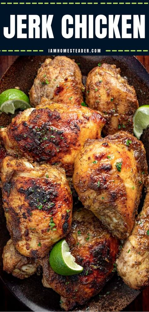 Easy Jerk Chicken Recipe, Chicken Legs In Oven, Baked Jerk Chicken, Chicken Thighs In Oven, Chicken Boneless Breast Recipes, Jerk Chicken Recipe, Bone In Chicken, Recipe For Dinner, Spicy Chicken Recipes