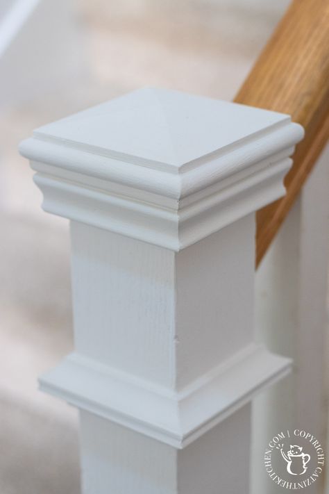 We did a makeover of the newel post at the base of our stairs. It cost about $20 in building materials, took about two hours, and we love it! Newel Post Makeover, Diy Newel Post, Square Newel Post, Cove Moulding, Stair Railing Makeover, Stair Newel Post, Diy Stair Railing, Stone Entryway, Newel Post Caps