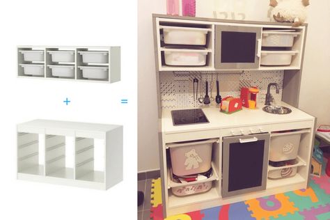 This is project I made for my daughter -- a kids kitchen using mainly TROFAST furniture. After deciding on the design and a rough sketch of it, I outlined my drawings on to the fir boards for the sides and top. Then I cut them and stained them. Ikea Mydal, Ikea Picture Frame, Trofast Ikea, Diy Kids Kitchen, Ikea Dollhouse, Toddler Kitchen, Kitchen Sets For Kids, Kitchen Ikea, Ikea Trofast