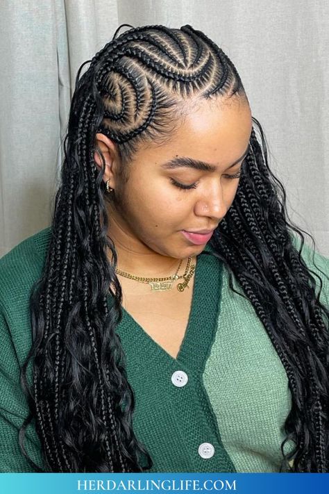 2. Fashion: #fashion, #style, #outfitinspiration, #beauty Fulani Braid With Curls, Fulani Braids Design Ideas, How To Style Fulani Braids With Curls, Easy Fulani Braids, Fulani Braids With Curls In The Back, Fulani Braids With Curls At The End, Braids With Curls In The Back, Large Fulani Braids, Fulani Braids Side Part