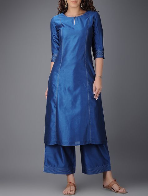 Blue Round Neck Chanderi Kurta on Jaypore.com Plain Kurti Designs, Salwar Design, Silk Kurti Designs, Design Kurta, Kurta Patterns, Churidar Designs, Silk Kurti, Simple Kurta Designs, Kurti Patterns