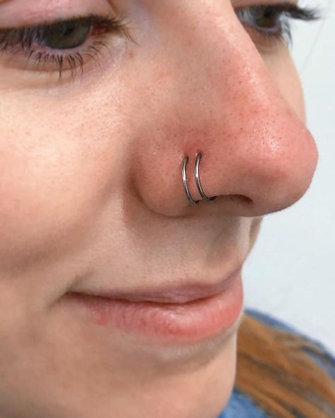 2 Nose Rings On One Side, Long Nose Piercing, Ear And Nose Piercings, Dual Nose Piercing, Nose Piercing Two On One Side, Double Nose Piercing On One Side, Triple Nostril Piercing, Double Ring Nose Piercing, Nose Double Piercing