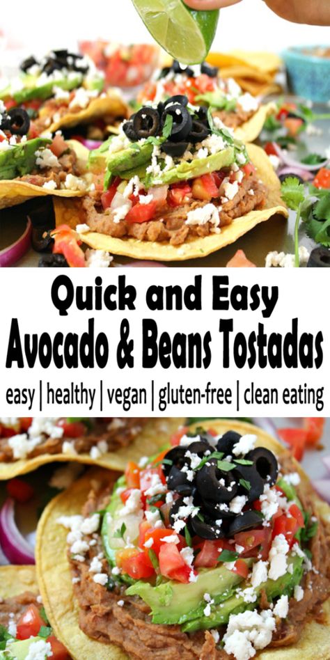 Quick and Easy Avocado Tostadas - Countsofthenetherworld.com Tostadas Vegetarian, Easy Tostadas, Vegetarian Tostadas, Avocado Tostadas, Tostada Recipes, Frijoles Refritos, Vegetarian Recipes Easy, Delicious Vegetarian, Meatless Meals