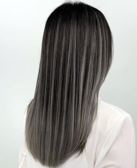 Partial vs Full Highlights in a Complete Guide with Tips and Examples Black Hair With Ice Blonde Highlights, Partial Grey Highlights For Dark Hair, Full Vs Partial Highlights, Partial Highlights Black Hair, Highlight Grey Hair, Highlights On Black Hair Straight, Brown Hair With Grey Highlights, Partial Highlights Vs Full Highlights, Partial Vs Full Highlights