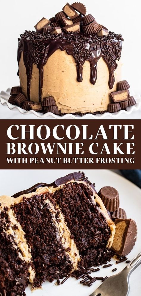 Buttercream Brownies, Artistic Cake, Cake With Peanut Butter Frosting, Deserts Recipes, Peanut Butter Buttercream, Chocolate Brownie Cake, Desserts Ideas, Chocolate Peanut Butter Cake, Cupcakes Recipes