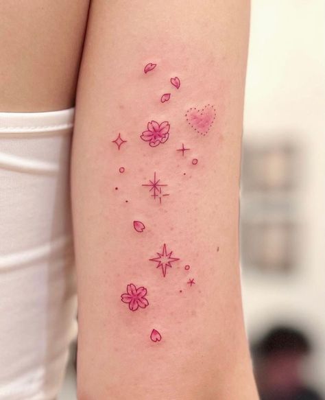 Pink Flower Tattoo, God Oc, Brown Tattoo, Kitty Tattoos, Pink Tattoo, Small Pretty Tattoos, Kawaii Tattoo, 4 Tattoo, Aesthetic Girly