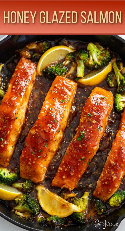 salmon topped with a honey glaze Salmon Skillet Recipes, Salmon Rice Broccoli, Glaze For Salmon, Bourbon Salmon, Salmon Skillet, Honey Glazed Salmon Recipe, Rice And Broccoli, Cooked Salmon, Cozy Cook