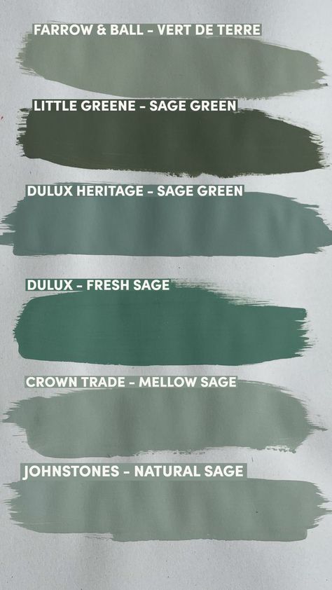 We've tried and tested our favourite sage green paint shades from both designer and trade paint colour charts. Where would you use a sage green paint at home? #sagegreenpaint #mellowsage #naturalsage #freshsage #sagegreen #vertdeterre #paintsamples #painttesterpots #sagegreeninteriors #littlegreenesagegreene #littlegreene #crowntrade #crownpaint #farrowandball #farrowandballvertdeterre #duluxtrade #duluxtradefreshsage #duluxfreshsage #duluxheritagesagegreen #johnstonesnaturalsage Sage Green Paint Colours Uk, Sage Skirting Boards, Deep Sage Green Paint, Crown Paint Mellow Sage, Sage Green Color Swatch, Crown Sage Green Paint, Heritage Sage Green, Fresh Sage Dulux Paint, Dulux Fresh Sage