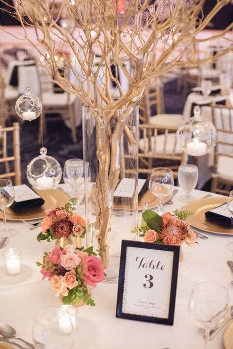 Gold manzanita branch centerpiece accented by vibrant low florals Bridalbliss.com | Portland Wedding Planner | Oregon Event Design | Powers Studios Gold Branches Centerpiece, Gold Branch Centerpiece, Branch Decor Wedding, Unique Centerpiece Wedding, Valentines Gala, Gold Centerpieces Diy, Gold Centrepiece, Manzanita Branch Centerpieces, Branches Centerpiece