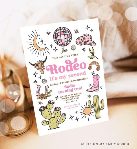 Editable Second Rodeo Birthday Invitation Space Cowgirl Disco 2nd Rodeo Pink Girl Cowgirl Ranch Party Download Printable Template Evite 0519 Ranch Party, Rodeo Birthday Invitations, Second Rodeo, Cowgirl Disco, Rodeo Birthday, Space Cowgirl, Cow Girl, Birthday Design, Template Printable