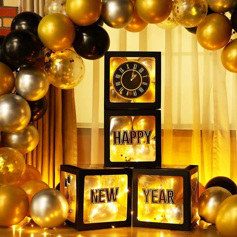 New Year Party Decoration, Gold 2023, Balloon Boxes, Happy New Year Party, Clock Card, Blowing Up Balloons, New Year's Party Decorations, White String Lights, Balloon Box