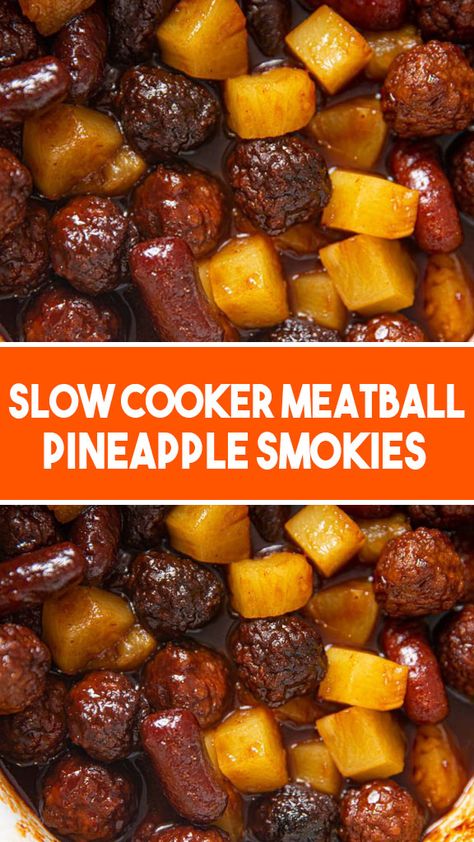 Meatballs cooked slowly A tasty and simple snack for any game day party, pineapple smokies are made with apricot preserves, barbecue sauce, and pineap... Slow Cooker Pineapple Barbecue Meatballs, Pineapple Barbecue Meatballs, Meatballs And Lil Smokies Crockpot, Meatball Pineapple Smokies, Pineapple Smokies, Apricot Meatballs, Game Day Meatballs, Pineapple Bbq Meatballs, Pineapple Meatballs