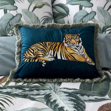 Tiger Furniture, Dark Teal Bedroom Ideas, Cushion Ideas, Embroidered Pillows, Bedroom Makeovers, Jungle Decor, Teal Cushions, Cushion Embroidery, Bag Embroidery