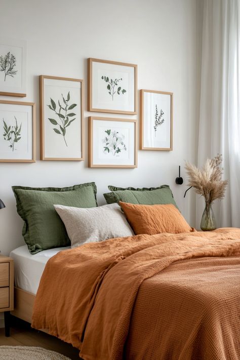 Terracotta and sage go together perfectly in bedrooms, but how to combine them effectively? Have a look at these ideas and examples for quick inspo! Bedroom Terracotta Bedding, Terracotta Bedding Bedroom, Sage And Red Bedroom, Terracotta Bedroom Color Schemes, Sage And Terracotta Bedroom, Sage Green And Terracotta Bedroom, Terra Cotta Bedroom, Terracotta And Green Bedroom, Terracotta Bedding