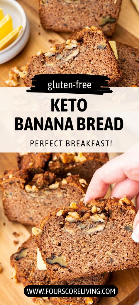 Finally! A sweet and delicious keto banana bread recipe. This keto banana bread recipe has tons of banana flavor, chopped nuts, and a tender crumb. Give it a try! And go check out our Keto Comfort Food board for more recipes like this. Keto Banana Nut Bread, Banana Bread Keto, Keto Banana Bread Recipe, Protein Sweets, Keto Comfort Food, Keto Banana, Keto Banana Bread, Family Breakfast Recipes, Sugar Free Treats