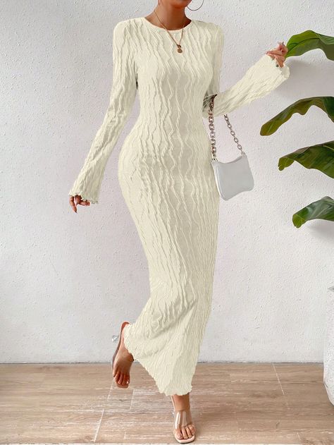 Solid Flare Sleeve Lettuce Hem Bodycon Dress Apricot Casual  Long Sleeve Knitted Fabric Plain Bodycon Slight Stretch  Women Clothing, size features are:Bust: ,Length: ,Sleeve Length: Coffee Fashion, Lettuce Hem, Bodycon Dress With Sleeves, Shein Dress, Modest Clothing, Body Con Dress, Dinner Dress, Bodycon Fashion, Women Long Dresses