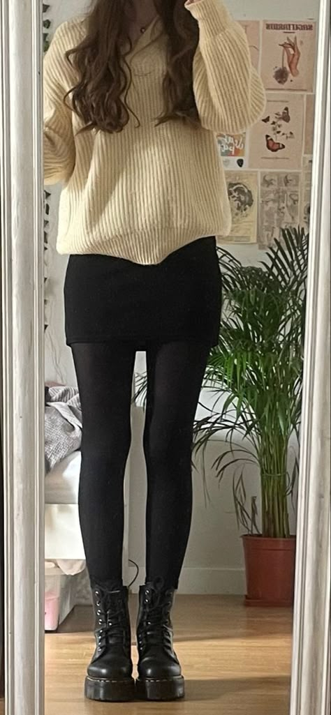 Outfit Inspo Neutral, Fall Outfits With Turtlenecks, Professional Clothes For Women, Black Tights Fall Outfit, Outfits For Sixth Form, White Sweater Black Skirt, Fairycore Fall Outfits, Fall Core Outfit, Sixth Form Shoes