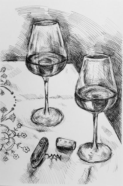 Wine Glass Pencil Sketch, Drawing Wine Glasses, Wine Glass Drawing Reference, Wine Glass Drawing Simple, Glassware Drawing, Drinking Drawing Alcoholic, Wine Drawing Sketches, Wine Glasses Drawing, Glass Of Wine Drawing