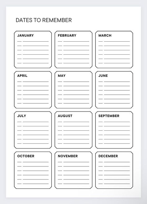 #Important_Dates_Template #Goals_Checklist #Dates_To_Remember #A6_Planner Important Dates Template, Dates To Remember, Events Planner, Key Dates, Goal Tracker, Dot Journals, Personal Organizer, Planner Templates, Daily Planner Printable