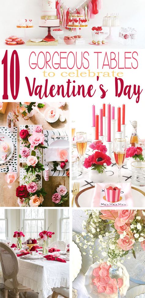 Plenty of ideas to create a beautiful table for breakfast, brunch, luncheon or tea with friends, romantic dinner, or perhaps a dessert table to celebrate Valentine's Day Valentines Center Piece Ideas, Valentine Dining Room Table Decor, Valentine Table Scapes, Valentine Table Centerpieces Diy, Elegant Valentines Table Decor, Valentine Tablescape Centerpiece Ideas, Valentines Centerpieces Table, Valentine’s Day Tablescape, Valentine Table Centerpieces