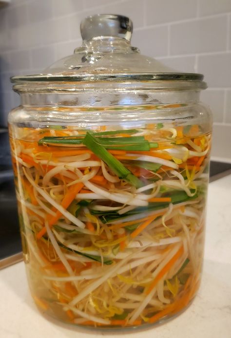 Katie's Test Kitchen - Pickled Bean Sprouts (Dưa Giá) Soybean Sprouts Recipe, Mung Bean Sprouts Recipes, Pickled Bean Sprouts, Pickling Ideas, Fermented Herbs, Bean Sprouts Recipe, Soybean Sprouts, Bean Sprout Recipes, Pickled Foods