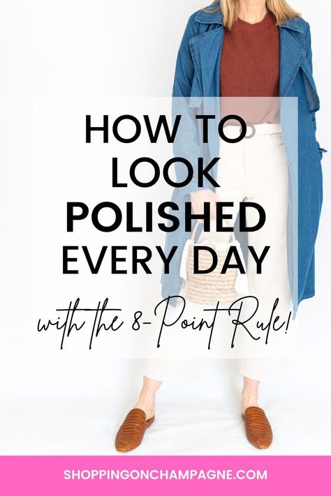 Do you feel like your outfits look overdone or underwhelming? Here's a fool-proof way to look polished and pulled together every day with this 8-point outfit rule! There's lots of example outfits and a FREE PDF PRINTABLE to hang in your closet! You'll never question again if your outfit is "too much" or "meh" - with this outfit rule every outfit will be perfectly put together. 8 Point Outfit, I Want Someone To Tell Me What To Wear, How Do You Wear That, Rules Of Fashion, 7 Point Outfit Rule, Look Polished Everyday, How To Make A Basic Outfit Look Cute, 7 Point Outfit, How To Make Outfits From Your Closet