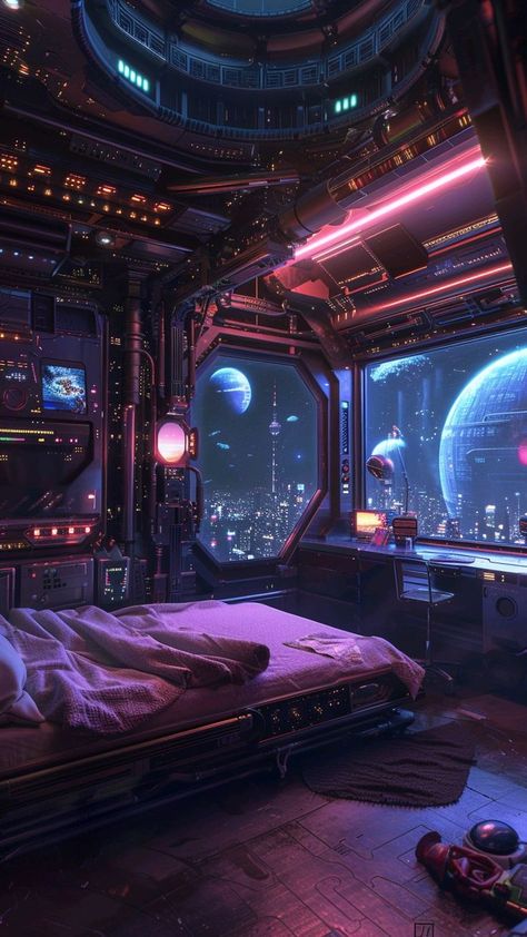 Scifi City Aesthetic, Futuristic City Aesthetic, Cyberpunk Spaceship, Spaceship Aesthetic, Cyberpunk Space, Cyberpunk Apartment, Cyberpunk Room, Cyberpunk World, Scifi City