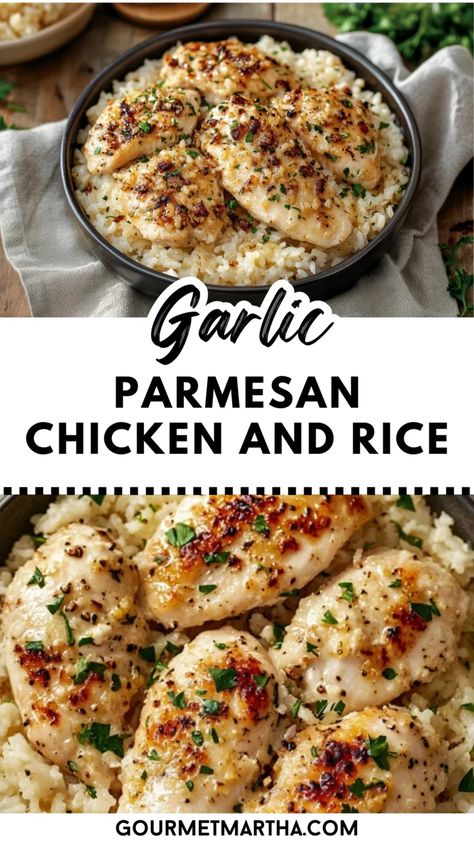 This Garlic Parmesan Chicken and Rice recipe is a flavor-packed, one-pan meal that combines tender chicken, creamy Parmesan, and garlic-infused rice for an effortless dinner. Perfect for busy weeknights, this dish brings comfort and gourmet taste without the hassle of extra dishes. Whip up something special – get the recipe now #onepandinner #garlicparmesanchicken #easychickenrecipes #dinnerinspo #chickenandrice #familydinnerideas #quickmeals #comfortfood #weeknightdinner #parmesanrecipes #... Garlic Parm Chicken And Rice, Creamy Chicken And Rice Skillet, Bww Parmesan Garlic Recipes, Healthy Chicken Rice Recipes, Chicken Breast Rice Recipes, Chicken And White Rice Recipes, Chicken And Rice Recipes Casserole, Healthy Chicken And Rice Recipes, Chicken Breast And Rice Recipes