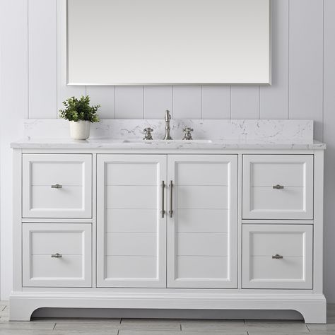 The classic clean lines and elegant styling of the 60-inch 3-hole bathroom vanity will infuse your bathroom with a calming, light, and airy feel. Designed to enhance a standard-size bathroom with a strong contemporary look with big character in a compact size. Beneath a lustrous and durable stone countertop is a beautifully integrated rectangular ceramic sink. Equipped with soft-closing cabinet doors and dovetailed drawers with gleaming black finished hardware, and silver-grey, white, and vintag 60" Bathroom Vanity, Green Vanity, Elegant Styling, Vanity Art, Mdf Cabinets, Bathroom Transformation, Single Sink Bathroom, Single Sink Vanity, Double Sink Bathroom